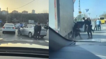 Sürücülerin tekmeli yumruklu kavgası kamerada