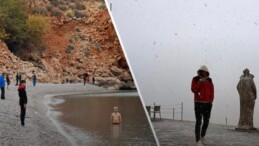 Aynı şehirde iki mevsim! Bir tarafta denize girenler diğer tarafta karda üşüyenler var
