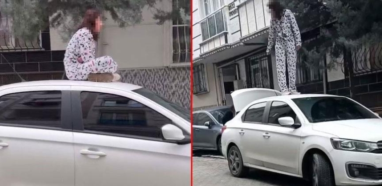 İstanbul’da sinir krizi geçiren kadın, otomobilin üzerine çıkarak zıpladı: Dua ediyordu