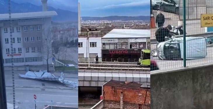 Şiddetli rüzgar hayatı felç etti: Çatı ve tabela uçtu, araç devrildi
