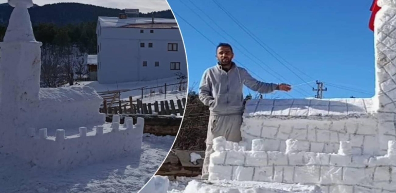 Sivas’ta bir baba çocukları için kardan Kız kulesi yaptı: Manzaraya karşı çay içtiler!